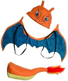 an orange and blue bat costume next to a banana peel with a hat on it