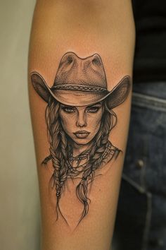 Tattoo of a woman with braided hair wearing a cowboy hat on a person's forearm. Cowboy Portrait Tattoo, Western Tooled Tattoo, Farrier Tattoos, Cowgirl Riding Horse Tattoo, Outlaw Women Tattoo, Country Sleeve Tattoos For Women, Bull Rider Tattoo, Southern Tattoos For Women