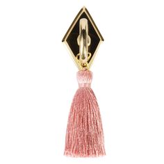 a pink tasseled keychain with a black diamond and gold trimming