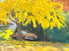 a painting of a red car parked under a yellow tree in front of a house