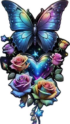 a heart with roses and butterflies on it