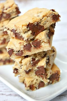 chocolate chip cookie bars stacked on top of each other