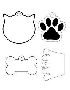 paper cut outs with dog paw, bone and cat's head on them in black and white