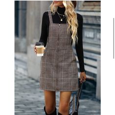 Tartan Plaid O Ring Zipper Overall Dress Without Tee. This Listing Is For The First Color. Other Color Listed Separately. Frat Outfits, Plaid Overall Dress, Adrette Outfits, Tartan Dress, Mini Robes, Short Dresses Casual, Linnet, Suspender Dress, Pinafore Dress