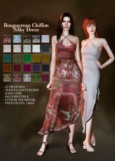 two women in dresses standing next to each other with different color swatches on them