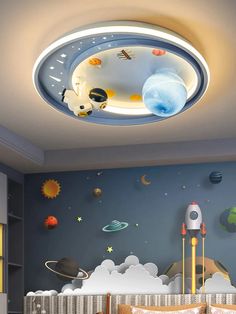 a child's bedroom with planets and stars on the ceiling