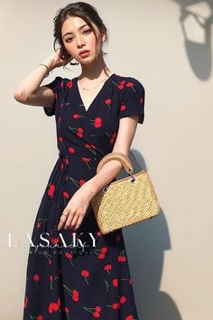 Lasaky - Cherry-colored Sheer Chiffon Dress for Women - Elegant V-neck with Sash Wrap in Bodycon Style Summer V-neck Belted Midi Dress, Summer Midi V-neck Dress With Tie Waist, Belted V-neck Summer Dress, Summer Short Sleeve V-neck Dress With Tie Waist, Summer Chiffon V-neck Dress With Surplice Neckline, Chic V-neck Chiffon Wrap Dress, Chic Chiffon V-neck Wrap Dress, Summer Vacation Wrap Dress With V-neck, Elegant Summer V-neck Dress With Tie Waist