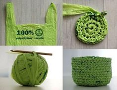 crocheted items are shown in four different pictures, including a green bag and an apple