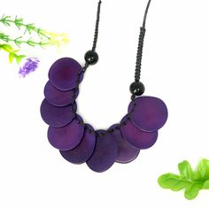 Purple Tagua seed flower pendant. Jewelry necklace in purple. Handmade. Natural jewelry. Handmade adjustable neacklace. Handcrafted from tagua seeds from Colombian rainforest. Pure and organic.  Perfect for women's special occasion. Gift for her, casual, formal, and dress up.  The entire length of the necklace is 13.5 inches long (34.5 cm), the pendant horizontal lenght is 5.31 inches (13.5 cm) and the vertical witdh is 1.18 inches (3 cm). Pull it looser or tighter depending on your preference. Purple Necklace With Adjustable Chain, Adjustable Purple Necklace, Adjustable Purple Necklaces, Tagua Necklace, Necklace Craft, Nature Jewelry, Flower Pendant, Flower Necklace, Beaded Flowers