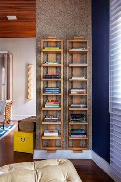 a living room filled with furniture and a book shelf