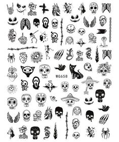 a large collection of halloween tattoos on white paper with black and white ink, including skulls,