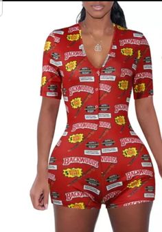 Red buttoned backwoods printed romper. Sizes S-XL available Summer Pajamas Women, Bodycon Bodysuit, Casual Bodysuit, Summer Pajamas, Short Playsuit, Jumpsuit Shorts Rompers, Printed Rompers, Sleeved Romper, Long Sleeve Romper