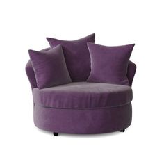 a purple chair with two pillows on it and one pillow in the shape of a circle