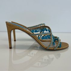 Rene Caovilla Gold Leather Blue Embellished Sandals Size Us 9 / Eu 39 Nib! Condition: New In Box, One Blue Bead Is Dark. In My Opinion, This Style, Runs Small, You Can Go Up Half To Full Size. Colors May Vary From Photos. Caovilla Shoes, Italian Sandals, Rene Caovilla Shoes, Rose Gold Sandals, Crystal Sandals, Jeweled Sandals, Rene Caovilla, Wrap Sandals, Embellished Sandals