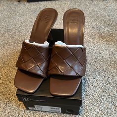 Brown Never Worn Size 9 Brown Casual Sandals With Padded Heel, Casual Brown Sandals With Padded Heel, Casual Brown Square Toe Heels, Trendy Brown Flat Heel Heels, Trendy Brown Flat Heels, Brown Almond Toe Sandals For Fall, Brown Synthetic Heels For Fall, Brown Synthetic Slip-on Heels, Casual Brown Heels Medium Width