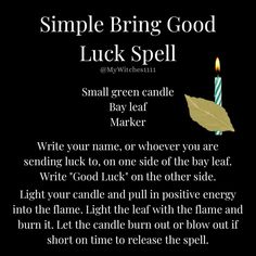 a candle with the words, simple bring good luck spell