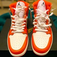 Size 13 Jordan 1 Mid- electro orange /white with original box . Never worn White Air Jordan 1, Jordan 1 Mid, Air Jordan 1, Nike Air Force Sneaker, Orange White, Jordan 1, Air Jordan Sneaker