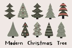 modern christmas tree set in various colors and sizes on a white background with the words modern christmas tree written below