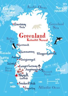 a map with the names of different countries in red and white, including an arctic bear