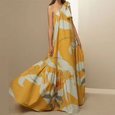 Fitted One-shoulder Summer Gown, Yellow Printed Maxi Dress For Party, Summer Party Gown With Floral Print, Fitted Summer Beach Gown, Floor-length Floral Print Summer Gown, Yellow Floor-length Gown For Summer, Yellow Floor-length Summer Gown, Summer Floral Print Maxi-length Gown, Summer Floral Print Maxi Gown