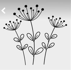 three black and white flowers on a white background, one is drawn in the style of line art