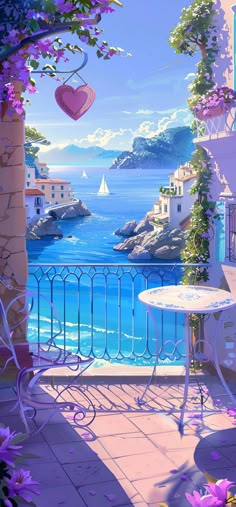 a painting of a balcony overlooking the ocean with pink flowers and a heart - shaped hanging decoration