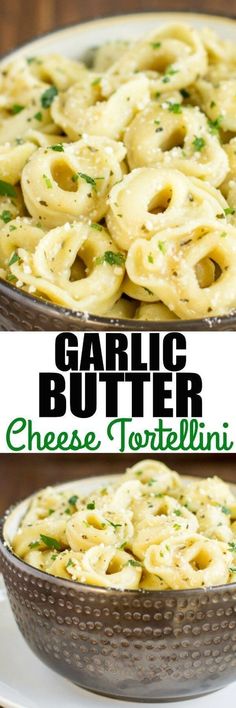 garlic butter cheese tortellini in a pan on a plate with the title above it