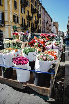 several buckets filled with flowers sitting on top of a wooden cart in front of buildings