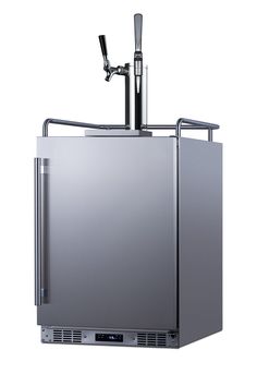 a stainless steel refrigerator with two faucets attached to it