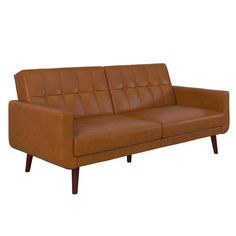 a brown leather couch sitting on top of a wooden frame