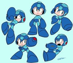 some blue cartoon character poses with different expressions