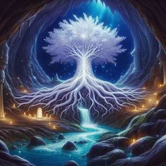 a painting of a tree in the middle of a cave with water flowing from it