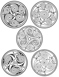 four circular designs are shown in black and white