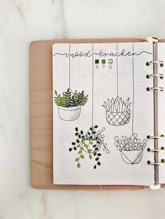 an open planner with plants hanging from it