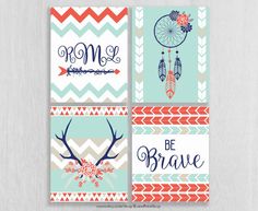 four different cards with the words be brave and some feathers on them, one has an arrow