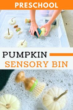 pumpkin washing sensory bin, fall sensory bin Pumpkin Sensory Bin, Sensory Bin Activities, Fall Centers, Sensory Tubs