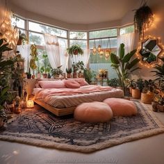 a bedroom with lots of plants and lights