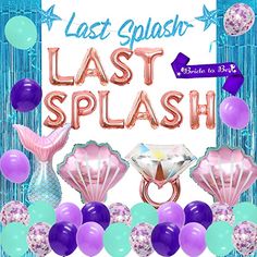 the last splash birthday party poster with balloons and mermaid tailes, including an inflatable ring