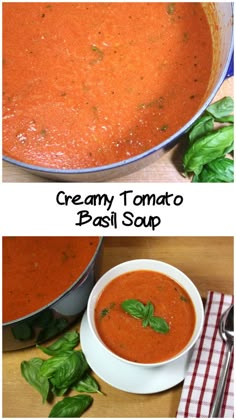 creamy tomato basil soup in a white bowl with basil leaves on the side and an image of a pan full of soup