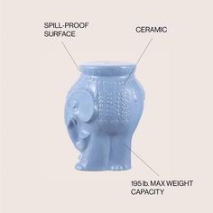 an elephant shaped vase is labeled with its features