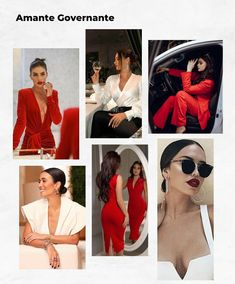 several pictures of women in red and white outfits, including one woman wearing black sunglasses