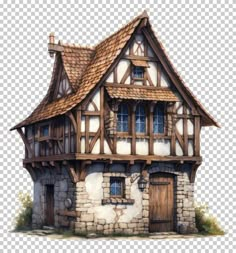 a drawing of a house that is made out of wood and stone, with an old fashioned