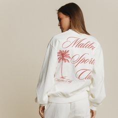 Meet your match. Oversized ultra soft 100% cotton for ultimate lounging or on the go. Featuring our Iconic design in crimson red. Made in Los Angeles. White Athleisure Tops For Lounging, White Oversized Sweatshirt For Lounging, White Relaxed Fit Sweatshirt For Lounging, Relaxed White Cotton Sweatshirt, White Relaxed Fit Sweatshirt, White Relaxed Fit Tops For Weekend, White Relaxed Fit Tops For The Weekend, Relaxed Fit White Tops For Weekend, White Long Sleeve Sweatshirt For Weekend