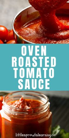 an image of oven roasted tomato sauce in a jar with the title overlay reading oven roasted tomato sauce