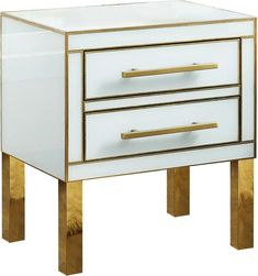 a white and gold nightstand with two drawers on one side, an open drawer in the other