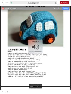 a crocheted car sits on the table next to an mp3 player, which is also available for purchase