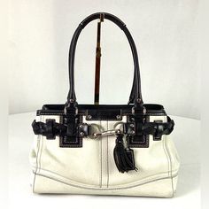 Coach Hampton-#F13804-White And Black Leather Top Handle Carryall Handles Have A 7.5 Inch Drop Silver Brass Hardware Zip Closure The Inside Has A Zip Pocket With The Coach Creed Below The Other Side Has Two Slip Pockets Approx.-12 Inches Wide 8 Inches High And 4 Inches Deep Looks Never Used Like New -No Issues Black Leather Top, Coach Tote, Coach Crossbody, Large Pouch, Coach Shoulder Bag, Black Leather Bags, Coach Handbags, Slim Wallet, Leather Wristlet