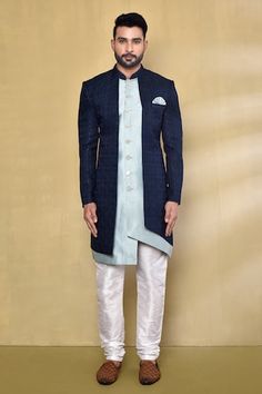 Navy blue and light blue paneled, asymmetric nawabi kurta with tonal geometric patterns. Comes with white churidar. - Aza Fashions Elegant Blue Sherwani With Straight Kurta, Blue Bollywood Sherwani Straight Kurta, Asymmetric Kurta Men, Luxury Semi-stitched Blue Sherwani, Semi-stitched Blue Sherwani With Cutdana, White Churidar, Blue Panels, Churidar, Fashion App