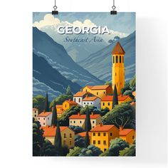 a poster hanging on the wall with mountains in the background and trees around it that says,