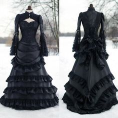 Vintage Gothic Wedding Dresses High Neck Satin Lace Ruffles Tiered Bridal Gowns  | eBay Vintage 1900s Dresses, Long Victorian Dress, Steampunk Vampire Costume, 1800s Gothic Fashion, Vintage Gothic Wedding Dress, Goth Victorian Dress, Aesthetic Clothes Basic, Dark Fairy Wedding, Dark Fae Costume